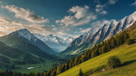 Panoramic view of the mountain range in the Swiss Alps.の写真素材