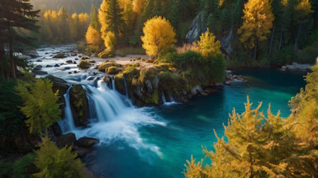 Autumn landscape with a waterfall in the Altai mountains, Russiaの写真素材