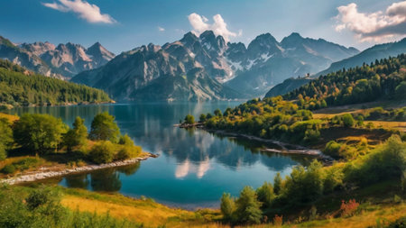 Panoramic view of the mountain lake in the Alps. Beautiful summer landscape.の写真素材