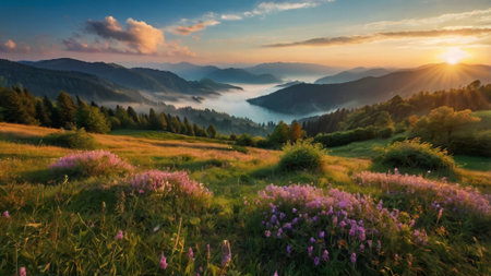 Colorful summer sunrise in the mountains. Carpathian, Ukraine, Europeの写真素材