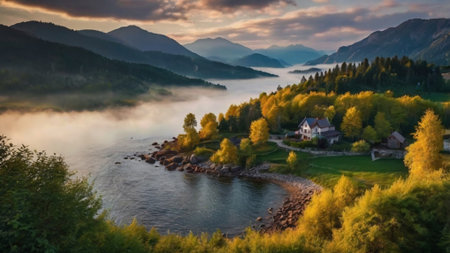 Panoramic view of the lake in the mountains at sunset. Beautiful summer landscape.の写真素材
