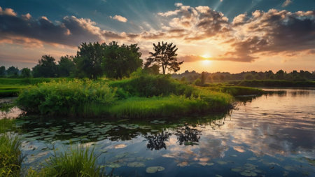 Sunset over the river. Beautiful summer landscape. Panorama.の写真素材