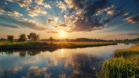 Sunset over the river. Beautiful summer landscape in the countryside.の写真素材