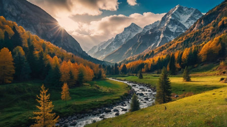 Panoramic view of autumn alpine meadow and mountain river.