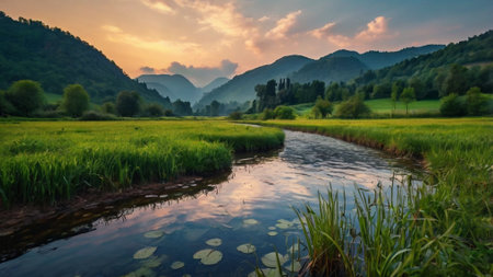 Sunset over the river in the mountains. Green meadow with water lilies.の写真素材