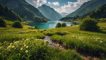 Panoramic view of idyllic alpine lake in the Alps in summerの写真素材