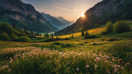 Panoramic view of alpine meadow at sunset in the Dolomitesの写真素材