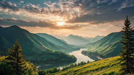 Panoramic view of the mountain river. Beautiful summer landscape.の写真素材