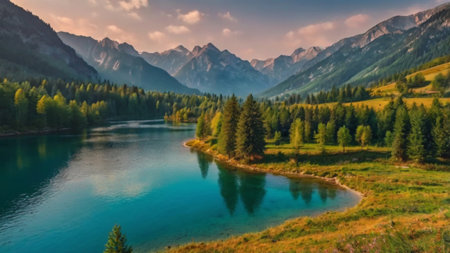 Panoramic view of alpine lake in the mountains at sunsetの写真素材