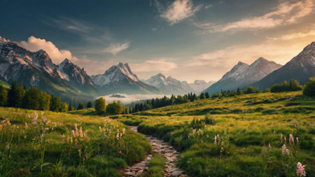 panoramic view of the mountains and meadow in the morningの写真素材