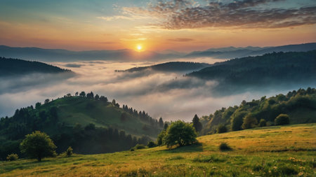 Foggy morning in the Carpathian mountains. Ukraine, Europeの写真素材