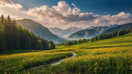 panoramic view of the alpine meadow with yellow flowers at sunsetの写真素材