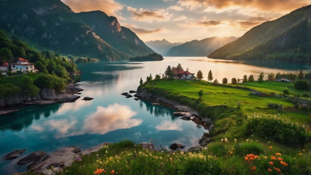 Panoramic view of Bohinj lake in Slovenia, Europeの写真素材