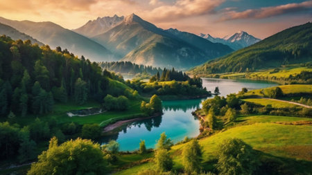 Panoramic view of a mountain lake in the mountains. Beautiful summer landscape.