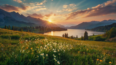 Sunset over alpine lake. Beautiful summer landscape with flowers.の写真素材