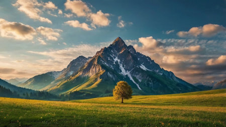 Alpine meadow with a tree and mountains in the background at sunriseの写真素材