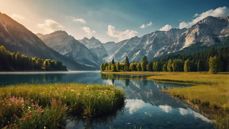 Beautiful alpine lake in the mountains. Picturesque summer landscape.の写真素材