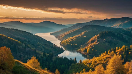 Panoramic view of the river in the mountains at sunset.の写真素材