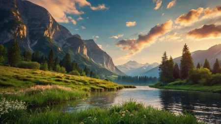 Mountain landscape with a river and mountains at sunset. Dolomites, Italyの写真素材