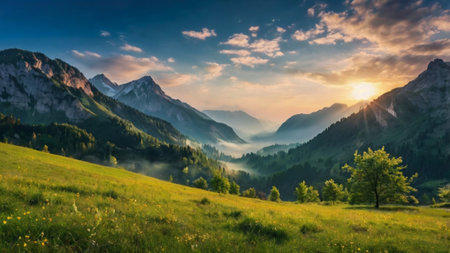 Panoramic view of alpine meadow at sunset. Dramatic sky. Beauty world.の写真素材