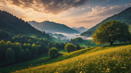 Foggy summer morning in the mountains. Dramatic sky. Carpathian, Ukraine, Europe. Beauty world.の写真素材
