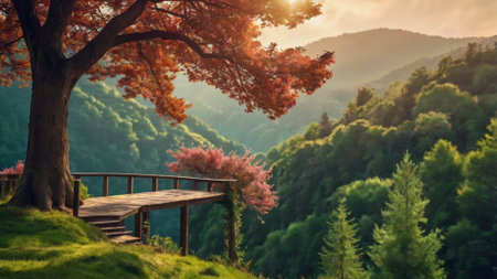 Wooden terrace on the hillside with a view of the mountain valley.の写真素材