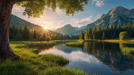 Sunset over the lake in Dolomites, South Tyrol, Italyの写真素材