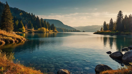 Mountain lake at sunset. Beautiful autumn landscape with mountain lake.の写真素材