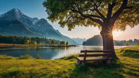 Beautiful summer landscape with lake and old tree in Bavaria, Germanyの写真素材