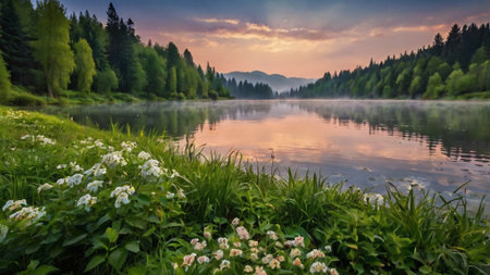 Landscape with lake and forest at sunrise in summer, Austria.