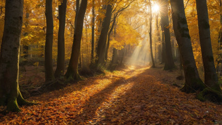 Autumn forest in the rays of the sun. Beautiful nature backgroundの写真素材