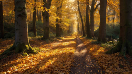 Beautiful autumn landscape in the forest with yellow leaves and sunbeams