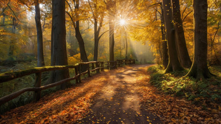 Autumn road in the forest. Beautiful autumn landscape with trees and sunbeamsの写真素材