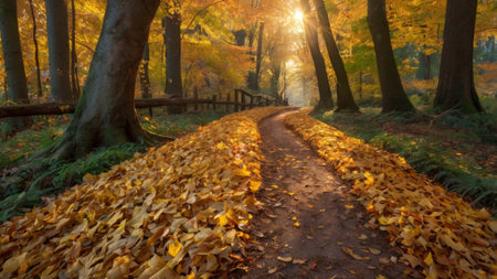 Path in autumn forest with fallen leaves and sunbeams through treesの写真素材