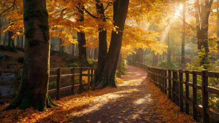 Autumn landscape with a path in the forest and golden leaves.の写真素材