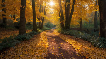 Autumn road in the forest with yellow leaves and sunbeamsの写真素材