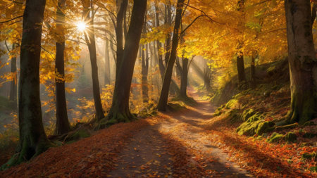 Path in the autumn forest with sunbeams shining through the treesの写真素材