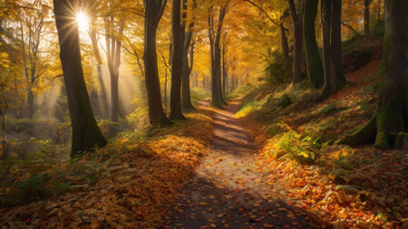 Autumnal alley in the forest with sunbeams and fogの写真素材