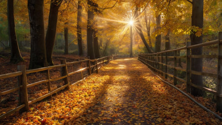 Autumn path in the forest with golden leaves and sunbeamsの写真素材