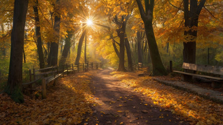 Autumnal alley in the park in the rays of the sunの写真素材