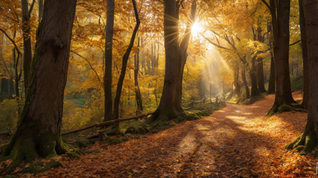 Autumn landscape with sun rays shining through the trees in the forestの写真素材