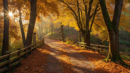 Autumn landscape. Path in the autumn forest. Sunny day.の写真素材