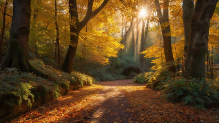 Autumnal path in the forest with sun rays shining through treesの写真素材