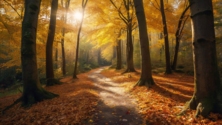 Autumnal alley with yellow leaves and sunbeams in the forestの写真素材