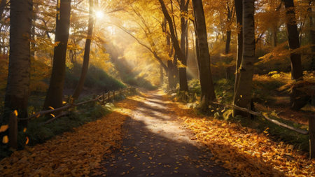 Path in the autumn forest with sun rays passing through the trees.の写真素材