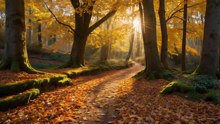 Path in autumn forest with sunbeams shining through tree trunksの写真素材