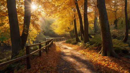 Autumn landscape with a path in the forest and sunbeamsの写真素材