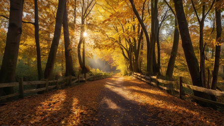 Autumn road in the forest with sunbeams through the trees