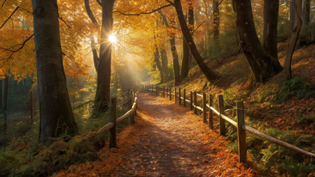 Autumn landscape with a path in the forest and sunbeams