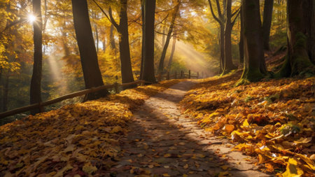 Autumnal path in the forest with yellow leaves and sun raysの写真素材
